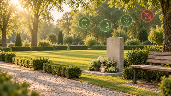 Offenes Rasenfeld auf einem Friedhof ohne Grabsteine, gerahmt von Hecken und Bäumen, mit schlichter Stele, Blumen und Holzbank im Abendlicht