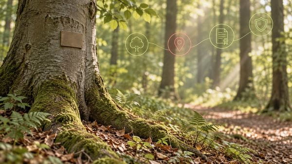 Alte Buche im sonnigen Laubwald mit kleiner Tafel am Stamm und Moos am Wurzelansatz, darüber schwebende Symbole für Baum, Standort, Urkunde und Absicherung