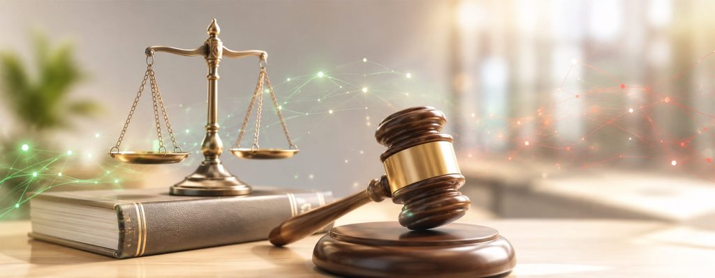 Waage der Justitia auf einem Gesetzbuch neben einem Richterhammer