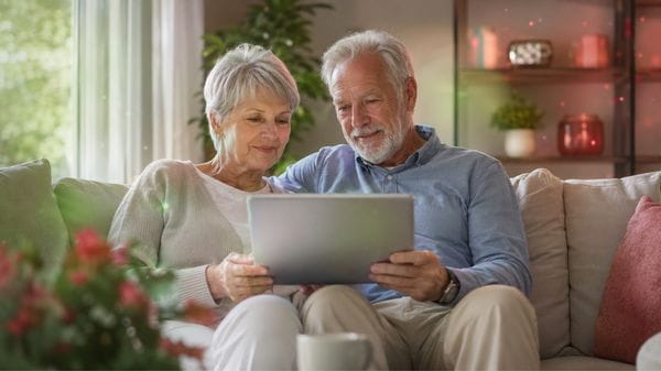 Ein Seniorenpaar sitzt auf dem Sofa und informiert sich mithilfe eines Tablets
